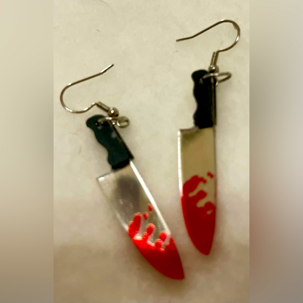 Halloween earrings, spooky, knife, bloody. Just in time for Halloween.